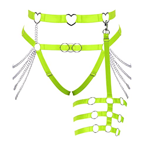 BANSSGOTH Frauen Körper Harness Bein Strumpfband Gürtel Mode Plus Size Strümpfe Taille Kette Strumpfband Gürtel Punk Gothic Halloween Tanz Kostüm (Fluoreszierendes Grün) von BANSSGOTH