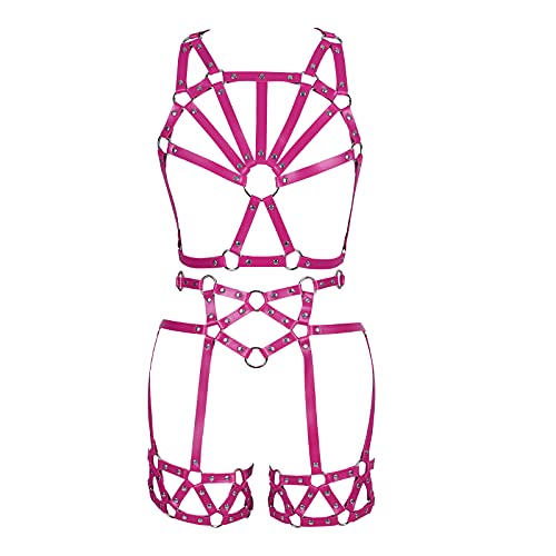 BANSSGOTH Frauen Körper Leder Harness Vollkäfig Strumpfgürtel Elastisch Aushöhlen Set Dessous Punk Gothic Halloween Rave Kleidung (Rosenrot) von BANSSGOTH