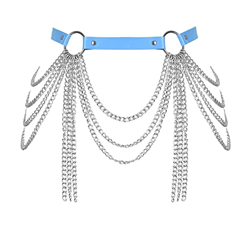 BANSSGOTH Frauen Körperketten Leder Taillenkette Gürtel Harness Layered Aushöhlen Oberschenkel Strumpfgürtel Festival Rave Kleidung (Himmelblau) von BANSSGOTH