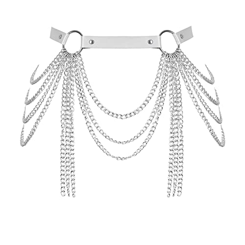 BANSSGOTH Frauen Körperketten Leder Taillenkette Gürtel Harness Layered Aushöhlen Oberschenkel Strumpfgürtel Festival Rave Kleidung (Weiß) von BANSSGOTH