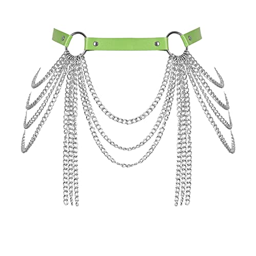 BANSSGOTH Frauen Körperketten Leder Taillenkette Gürtel Harness Layered Aushöhlen Oberschenkel Strumpfgürtel Festival Rave Kleidung (hellgrün) von BANSSGOTH