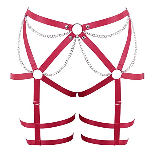 BANSSGOTH Frauen Punk Körper Harness Beine Kette Plus Größe Strumpfband Gürtel Strümpfe Hollow Gothic Weihnachten Mode Strumpfband Kostüm (Rotwein) von BANSSGOTH