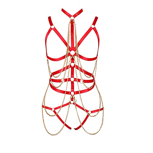 BANSSGOTH Full Cage Body Chain Harness für Frauen Strumpfgürtel Set Punk Gothic Hollow Out Strumpfband Stretchy Stoff verstellbar Plus Size Halloween Festival Rave (rot) von BANSSGOTH