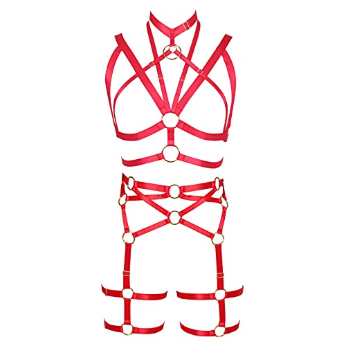 BANSSGOTH Full Cage Harness Damen Dessous Body BH Strumpfband Set Größenverstellbar Punk Gothic Rave EDC Kleidung (rot) von BANSSGOTH