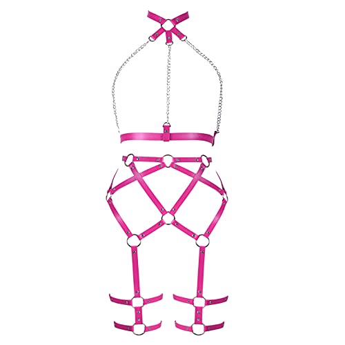 BANSSGOTH Ganzkörper-Leder Harness Dessous Damen-BH Punk Gothic Aushöhlen Tops Strumpfband Full Cage Set Halloween Festival Rave (Rosenrot) von BANSSGOTH