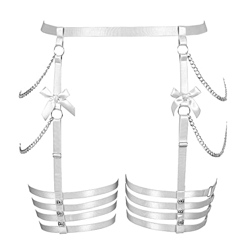 BANSSGOTH Plus Size Frauen Bein Strumpfband Bow Belts Kette Taille Gürtel Harness Strumpfband Gürtel Körper Gürtel Halloween Rave Kleidung (Weiß) von BANSSGOTH