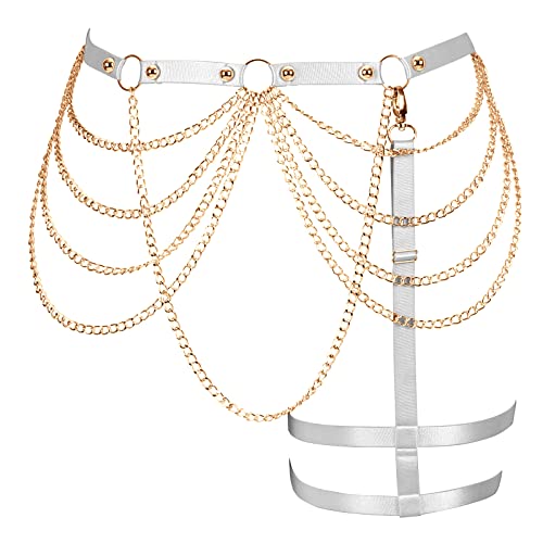 BANSSGOTH Plus Size Mode Frauen Bein Straps Taille Kette Hohl aus Oberschenkel Strumpfband Gürtel Bein Kette Halloween Kleidung Rave (Weiß Gold) von BANSSGOTH