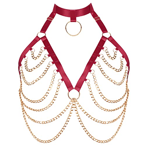BANSSGOTH Plus Size Strappy Body Brustkäfig Harness Metall Kette BH Damen Dessous Gothic Hollow Out Punk Kleidung (Rotwein Gold) von BANSSGOTH