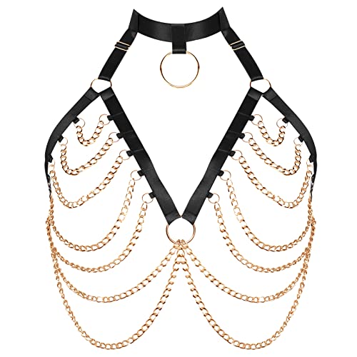 BANSSGOTH Plus Size Strappy Body Brustkäfig Harness Metall Kette BH Damen Dessous Gothic Hollow Out Punk Kleidung (Schwarz Gold) von BANSSGOTH