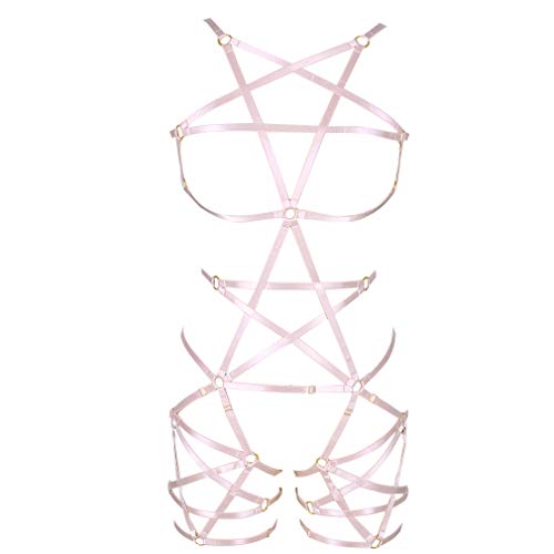 BANSSGOTH Weibliches Körpergeschirr Strumpfband Punk Gothic Pentagram Käfig BH Plus Size Punk Gothic Gürtel Stretchy Stoff (Rosa) von BANSSGOTH
