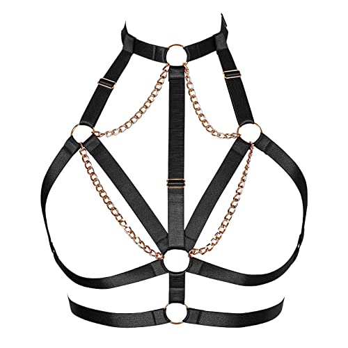 Damen Body Harness BH Hohl Punk Metallkette BH Gothic Fashion Full Cage Aushöhlen Gothic Halloween Rave Kleidung (Schwarzes Gold) von BANSSGOTH