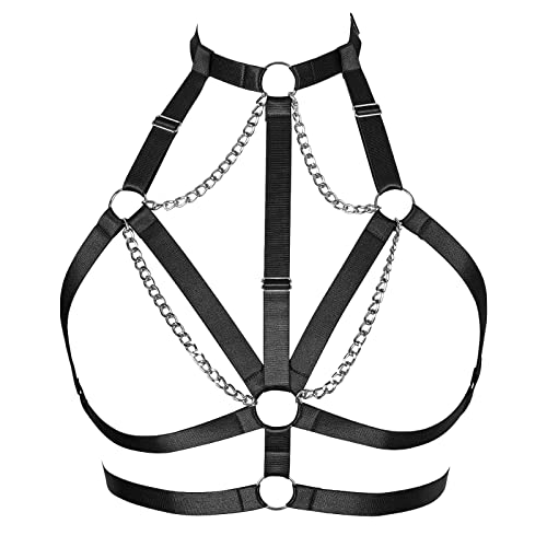 Damen Body Harness BH Hohl Punk Metallkette BH Gothic Fashion Full Cage Aushöhlen Gothic Halloween Rave Kleidung (Schwarzes Silber) von BANSSGOTH