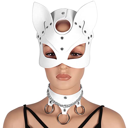 Damen-Leder-Maske mit Hasen-Motiv, Leder-Metallkette, Halsband, halbe Gesichtsmaske, Maske, Party, Halloween-Kostüm, weiß, One size von BANSSGOTH