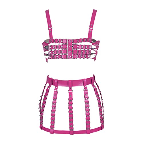 Damen Punk Full Cage Body Harness PU Leder Rock Set Dessous Aushöhlen Taille Strumpfgürtel Halloween Karneval Kleidung (Rosenrot) von BANSSGOTH