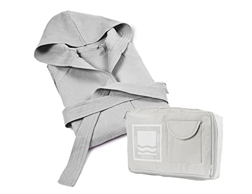 Banzaii Bademantel aus 100% Mikrofaser mit Kapuze - Bademantel für Damen und Herren mit Tasche strapazierfähig und platzsparend - Größe M Hellgrau von BANZAII TEXTILE INNOVATOR ONLINE