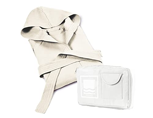 Banzaii Bademantel aus 100% Mikrofaser mit Kapuze - Bademantel für Damen und Herren mit Tasche strapazierfähig und platzsparend - Größe M Milchig Weiß von BANZAII TEXTILE INNOVATOR ONLINE