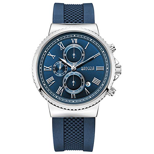 Herren Uhren Militär Marine Blau Silikonarmband mit Silber Edelstahlgehäuse Große Römisches Zifferblatt Chronograph und Wasserdicht von BAOGELA