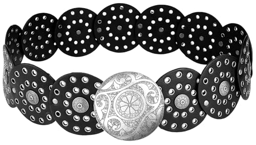 BAOKELAN Breite Scheibengürtel für Frauen Concho Leder Scheibe Link Gürtel Boho Western Taille Gürtel für Kleid Schwarz Silber 130CM von BAOKELAN