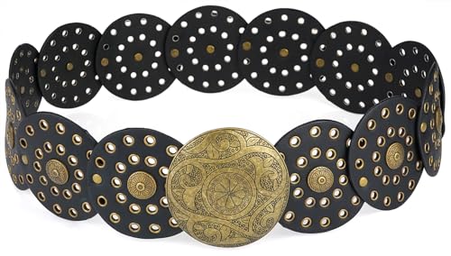 BAOKELAN Breite Scheibengürtel für Frauen Concho Leder Scheibe Link Gürtel Boho Western Taille Gürtel für Kleid schwarz 150CM von BAOKELAN