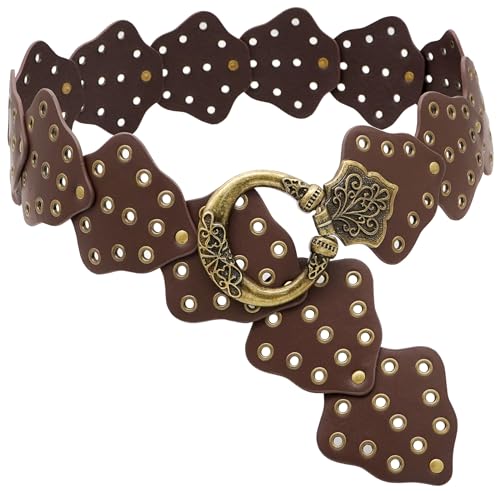 BAOKELAN Hohle Scheibengürtel für Frauen Breite Ledergürtel Boho Concho Taillengürtel für Kleider Braun 115cm/45.3in von BAOKELAN