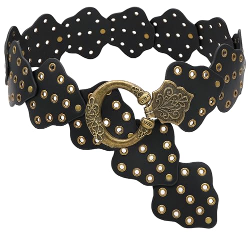 BAOKELAN Hohle Scheibengürtel für Frauen Breite Ledergürtel Boho Concho Taillengürtel für Kleider Schwarz 130cm/51.2in von BAOKELAN