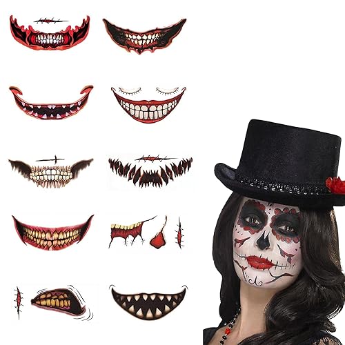 Tattoo Halloween,Temporäre Tattoos Halloween,Halloween Tattoo Gesicht,Halloween Make Up Tattoo,Halloween Tattoo Mund,Halloween Prank Makeup Temporary Tattoo,Halloween-tattoo-aufkleber,10PCS von BAOSROY