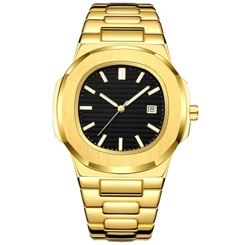 BARAMON Nautilus Armbanduhren für Herren, Edelstahl, Quarzwerk, Datum, Luxus-Stil, leuchtende Zeiger, legere Business-Uhren, Glod Black, Modern von BARAMON