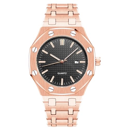 BARAMON Royalty Herren-Armbanduhr, Edelstahl, Quarzuhrwerk, Datum, wasserdicht, Leuchtzeiger, lässig, Business-Armbanduhr für Herren, Rosa/Schwarz, Modern von BARAMON