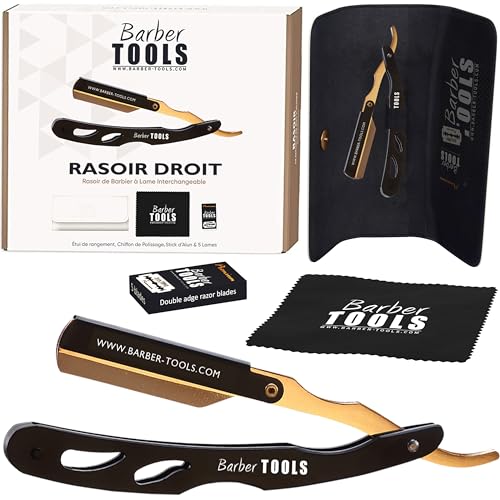 BARBER TOOLS ✮ Rasiermesser mit Box und 5 Rasierklingen + Alaunstein + Poliertuch + Etui von BARBER TOOLS