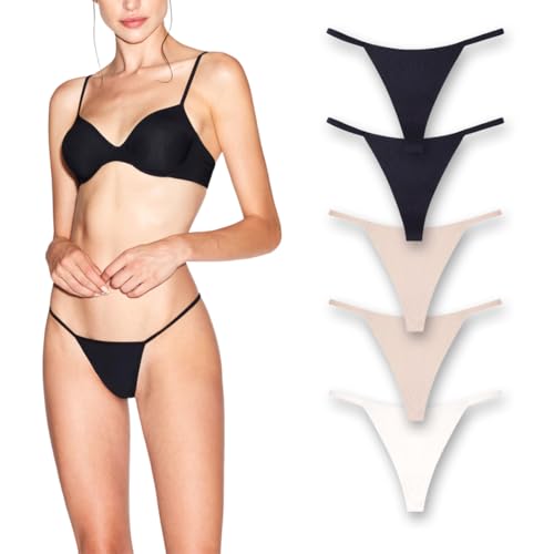 BARE SKIN ESSENTIALS G-String Thongs für Damen, unsichtbare Slip-Linien, nahtlos, 100 % Baumwollzwickel, 5 Stück, Mix, L von BARE SKIN ESSENTIALS
