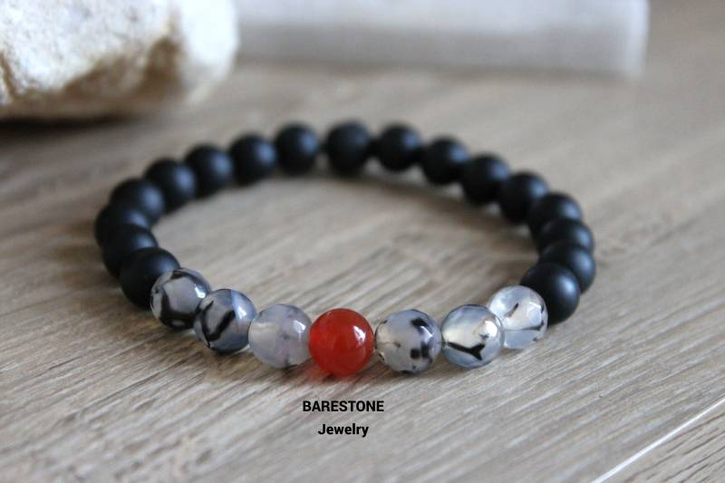 Herren Karneol Armband Dragon Vein Achat & Mattschwarzer Onyx von BARESTONE