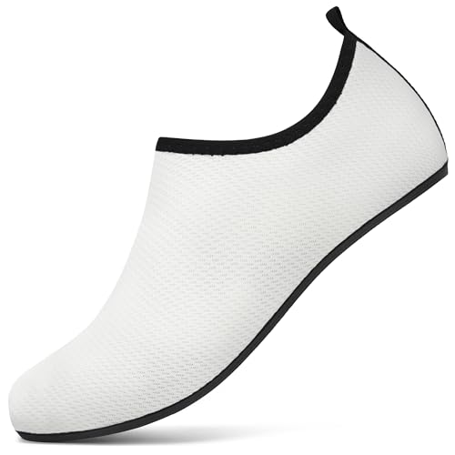 BARFULKER Badeschuhe Herren Damen Wasserschuhe Neopren Schwimmschuhe Strandschuhe Schnell Trocknend Aquaschuhe rutschfest Leicht BarfußSchuhe,Weiß 46/47 EU von BARFULKER