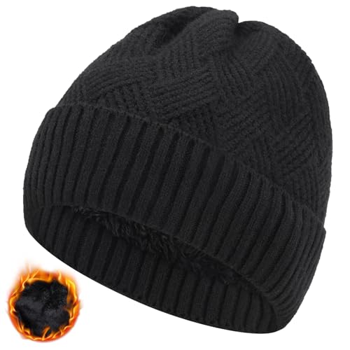 Beanie Mütze Damen Herren, Winter Beanie Mütze Warme Wintermütze Thermo Dehnbare Strickmützen Bequem Wollmütze Winddichte Laufmützen Warmem Futter Geschenk Unisex (Schwarz) von BARFULKER