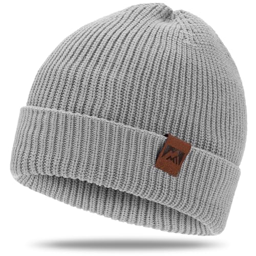 BARFULKER Beanie Mütze Damen Herren, Winter Warm Strickmütze Wintermützen Thermo Laufmützen Dehnbare Weiche Wollmütze mit Bündchen und Dickem Warmem Futter Geschenk Unisex,Hellgrau von BARFULKER