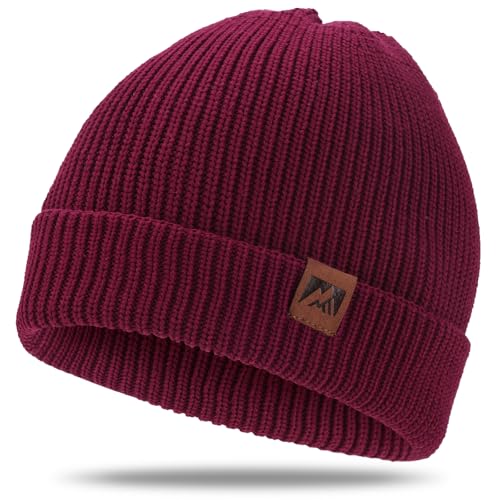 BARFULKER Beanie Mütze Damen Herren, Winter Warm Strickmütze Wintermützen Thermo Laufmützen Dehnbare Weiche Wollmütze mit Bündchen und Dickem Warmem Futter Geschenk Unisex,Rot von BARFULKER