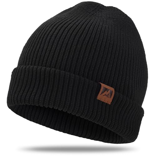 BARFULKER Beanie Mütze Damen Herren, Winter Warm Strickmütze Wintermützen Thermo Laufmützen Dehnbare Weiche Wollmütze mit Bündchen und Dickem Warmem Futter Geschenk Unisex,Schwarz von BARFULKER