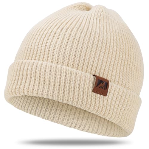 BARFULKER Beanie Mütze Damen Herren, Winter Warm Strickmütze Wintermützen Thermo Laufmützen Dehnbare Weiche Wollmütze mit Bündchen und Dickem Warmem Futter Geschenk Unisex,Weiß von BARFULKER