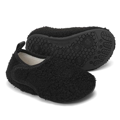 BARFULKER Hausschuh Kinder Jungen Mädchen Winter Weiche Wärme Hüttenschuhe Baby Unisex Socken Pantoffeln Bequem Rutschfeste Kleinkinder Lauflernschuhe Barfußschuhe Slippers(Schwarz,20/21 EU) von BARFULKER