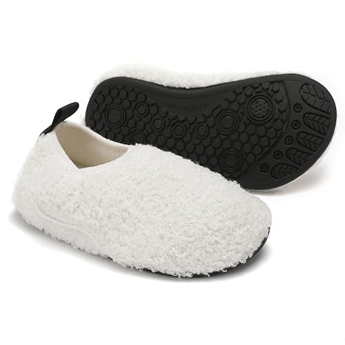 BARFULKER Hausschuh Kinder Jungen Mädchen Winter Weiche Wärme Hüttenschuhe Baby Unisex Socken Pantoffeln Bequem Rutschfeste Kleinkinder Lauflernschuhe Barfußschuhe Slippers(Weiß,24/25 EU) von BARFULKER