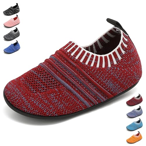 BARFULKER Hausschuhe Kinder Jungen Mädchen Hüttenschuhe Baby unisex Pantoffeln Bequem Leicht Rutschfeste Kleinkinder Lauflernschuhe Turnschläppchen Barfußschuhe Slippers(Rot,24/25 EU) von BARFULKER