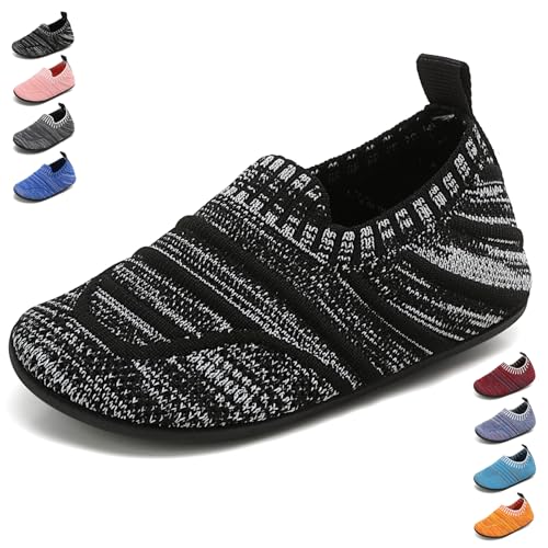 BARFULKER Hausschuhe Kinder Jungen Mädchen Hüttenschuhe Baby unisex Pantoffeln Bequem Leicht Rutschfeste Kleinkinder Lauflernschuhe Turnschläppchen Barfußschuhe Slippers(Schwarz/Grau,22/23 EU) von BARFULKER
