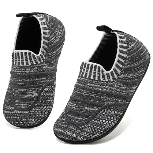 BARFULKER Hausschuhe Kinder Jungen Mädchen Leicht Rutschfest Atmungsaktive Pantoffeln Kleinkinder Schuhe Barfussschuhe für kinder Weiche Slippers (Grau 26/27 EU) von BARFULKER