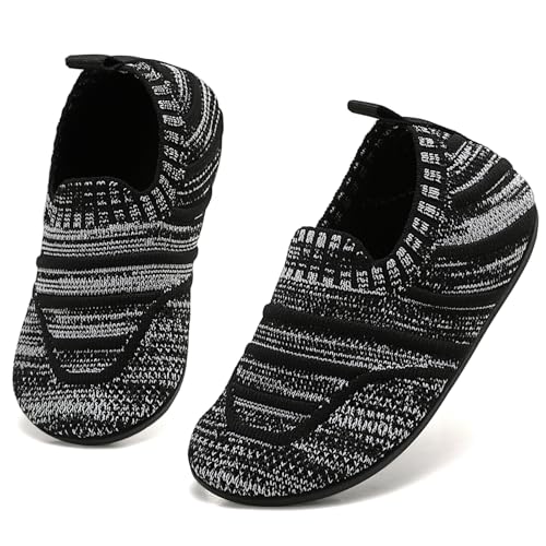 BARFULKER Hausschuhe Kinder Jungen Mädchen Leicht Rutschfest Atmungsaktive Pantoffeln Kleinkinder Schuhe Barfussschuhe für kinder Weiche Slippers (Schwarz/Grau,32/33 EU) von BARFULKER