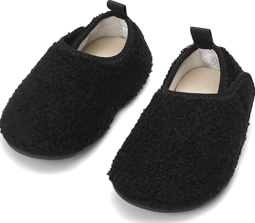 BARFULKER Hausschuhe Kinder Winter Jungen Warme Lauflernschuhe Mädchen Hüttenschuhe Baby Pantoffeln Bequem Leicht Rutschfeste Kleinkinder Barfußschuhe Slippers(Schwarz,28/29 EU) von BARFULKER