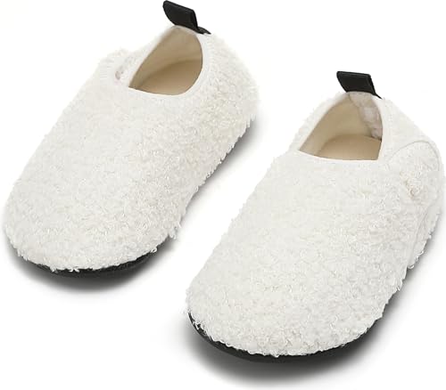 BARFULKER Hausschuhe Kinder Winter Jungen Warme Lauflernschuhe Mädchen Hüttenschuhe Baby Pantoffeln Bequem Leicht Rutschfeste Kleinkinder Barfußschuhe Slippers(Weiß,20/21 EU) von BARFULKER