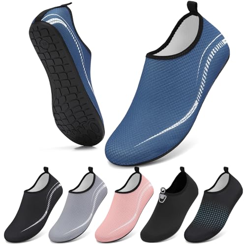 BARFULKER Wasserschuhe Damen Herren Badeschuhe Schwimmschuhe Schnell Trocknend Aquaschuhe rutschfeste Strandschuhe Surfschuhe Barfußschuhe Beach Pool Unisex(Linien Blau 38 EU) von BARFULKER