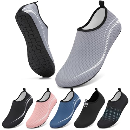 BARFULKER Wasserschuhe Damen Herren Badeschuhe Schwimmschuhe Schnell Trocknend Aquaschuhe rutschfeste Strandschuhe Surfschuhe Barfußschuhe Beach Pool Unisex(Linien Grau 43 EU) von BARFULKER