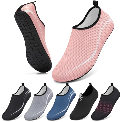 BARFULKER Wasserschuhe Damen Herren Badeschuhe Schwimmschuhe Schnell Trocknend Aquaschuhe rutschfeste Strandschuhe Surfschuhe Barfußschuhe Beach Pool Unisex(Linien Rosa 35 EU) von BARFULKER