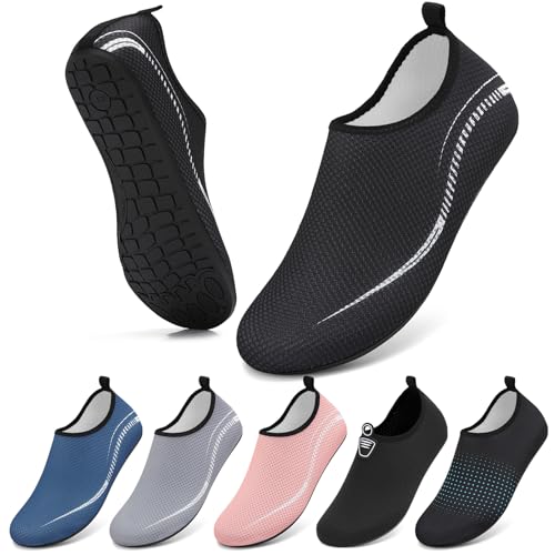 BARFULKER Wasserschuhe Damen Herren Badeschuhe Schwimmschuhe Schnell Trocknend Aquaschuhe rutschfeste Strandschuhe Surfschuhe Barfußschuhe Beach Pool Unisex(Linien Schwarz 34 EU) von BARFULKER