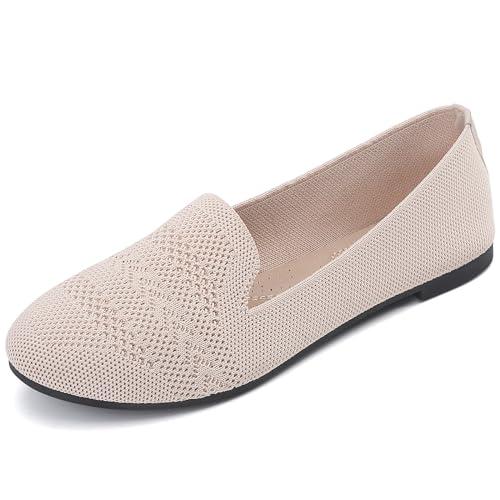 BARFULKER Damen Ballerinas Loafer Rutschfeste Brautschuhe Flache Schuhe Runde Zehen Knit Kleid Schuhe Tanzschuhe Halbschuhe Strickschuhe Bequem Stoffschuh. (Beige, 40 EU) von BARFULKER